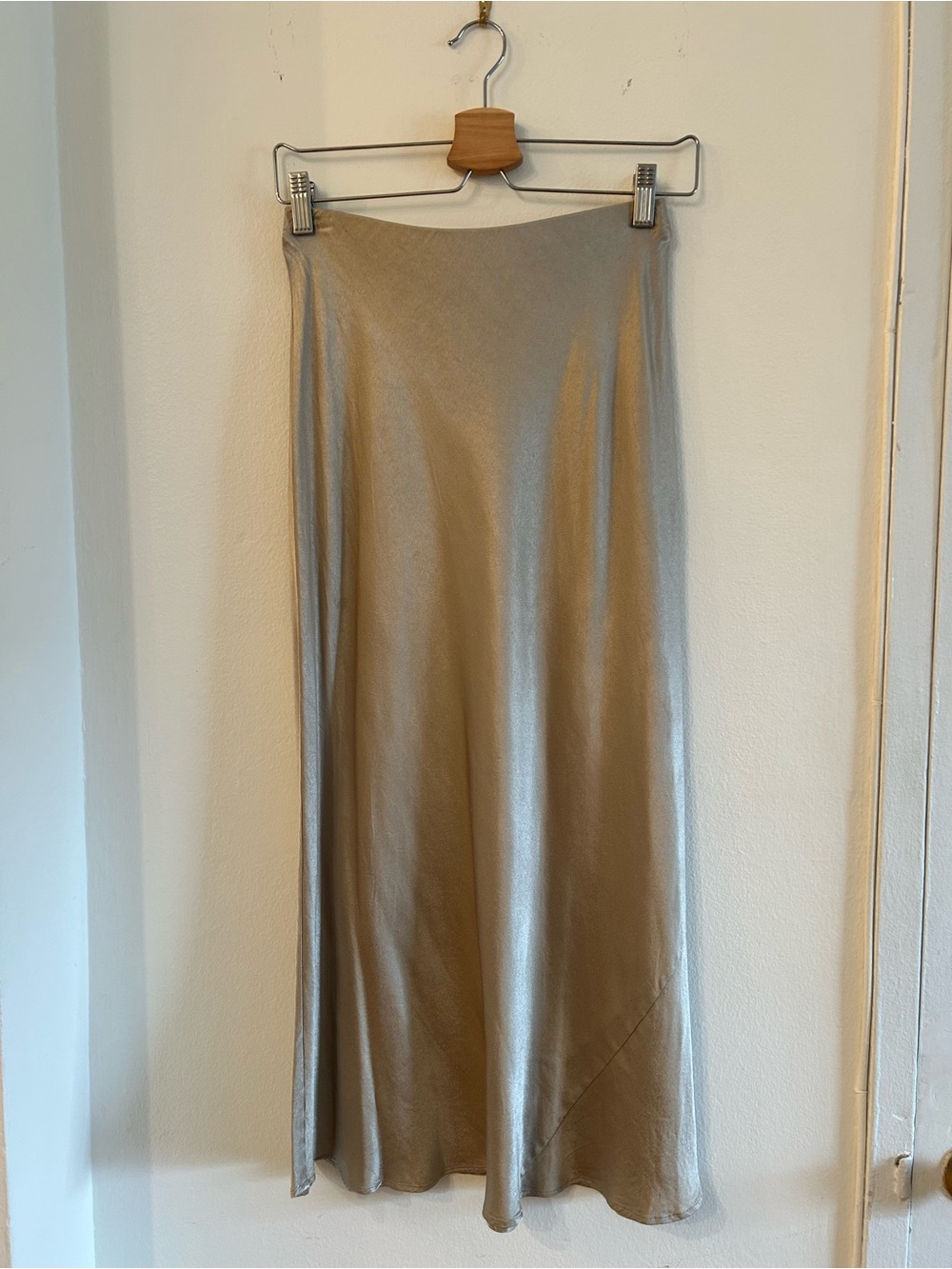 Satin Bias Maxi Skirt in Metallic Taupe